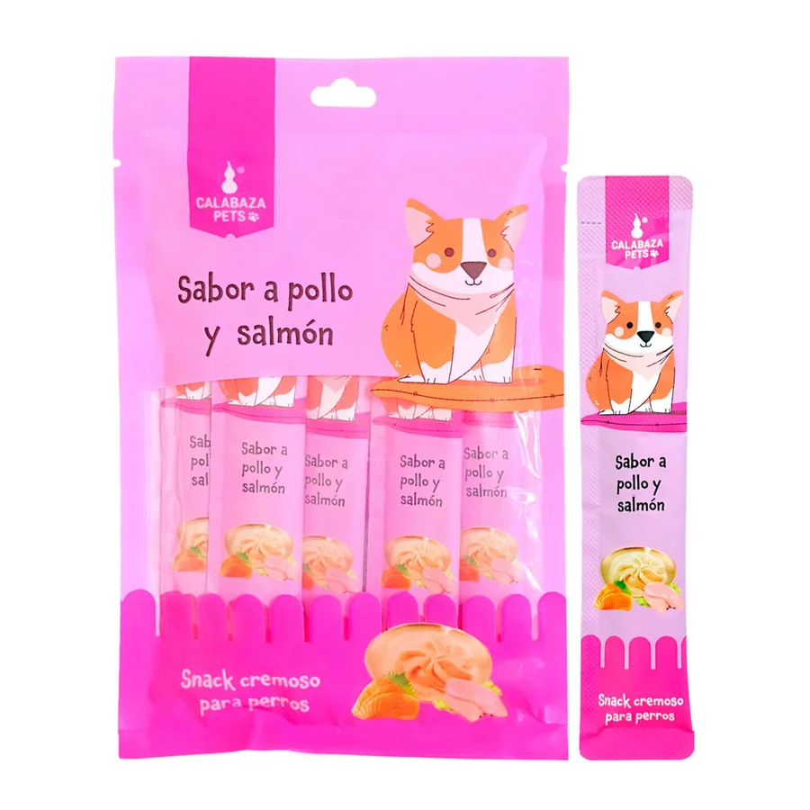 Snack cremoso sabor pollo y salmón